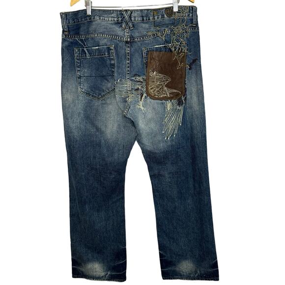 Artful Dodger Baggy Mens Bird Of Prey Embroidered Jeans Straight Wide Y2K 40x34 - Picture 1 of 12